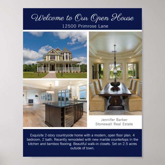 Navy Blue Open House Welcome Real Estate Photo Poster (Vorne)