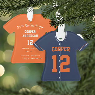 Navy Blue & Orange Baseball Jersey Player Stats Ornament