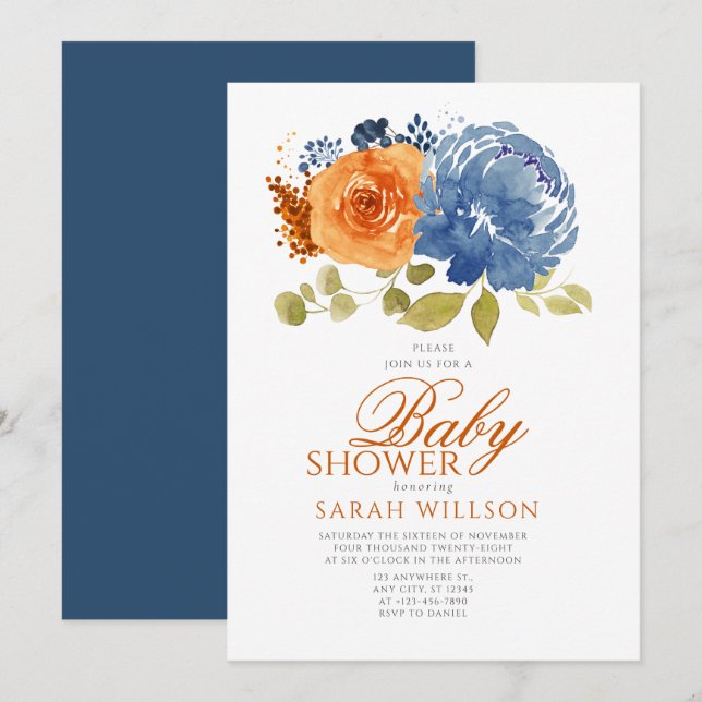 Navy Blue Orange Boho Fall Floral Baby Dusche Einladung (Vorne/Hinten)