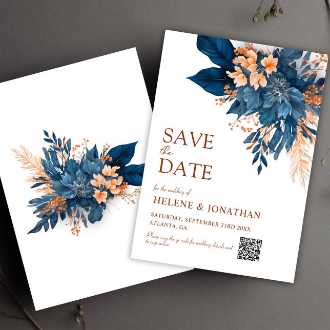 Navy Blue Orange Boho Floral Elegante Hochzeit Save The Date (Navy Blue Orange Boho Floral Elegant Wedding Save The Date)