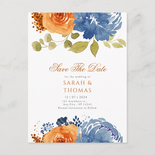 Navy Blue Orange Boho Floral Fall Save the Date Postkarte (Vorderseite)