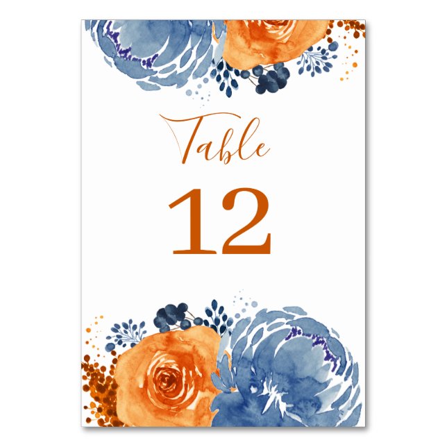 Navy Blue Orange Boho Floral Terracotta Tischnummer (Vorderseite)