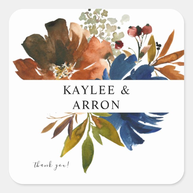 Navy Blue, Orange & Brown Floral Danke Ihnen 2 Quadratischer Aufkleber (Vorderseite)