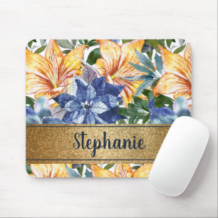 Navy Blue Orange Floral Gold Name Skript Mousepad