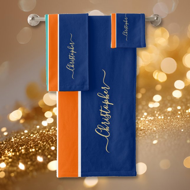 Navy Blue Orange Racing Stripes Imitats Gold Monog Badhandtuch Set (Navy Blue Orange Racing Stripes Faux Gold Monogram Bath Towel Set)