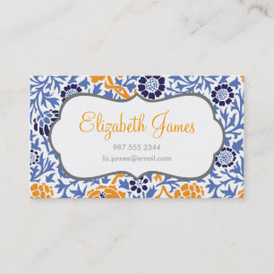 Navy Blue & Orange Retro Floral Damask Visitenkarte