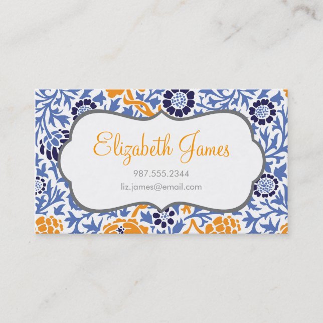 Navy Blue & Orange Retro Floral Damask Visitenkarte (Vorderseite)