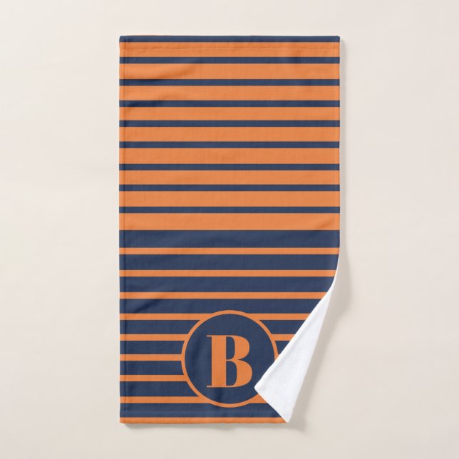 Navy Blue Orange Strip Monogram Handtuch (Handtuch)