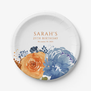 Navy Blue Orange Terracotta Boho Fall Floral Pappteller