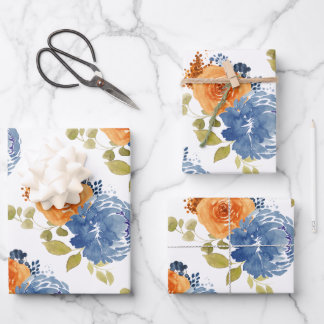 Navy Blue Orange Terracotta Boho Floral Geschenkpapier Set