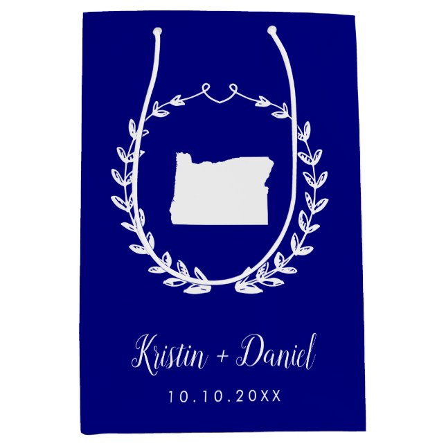 Navy Blue Oregon Map Wedding Welcome Swag Mittlere Geschenktüte (Vorderseite)