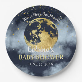 Navy Blue Over Moon and Stars Baby Shower Pappteller