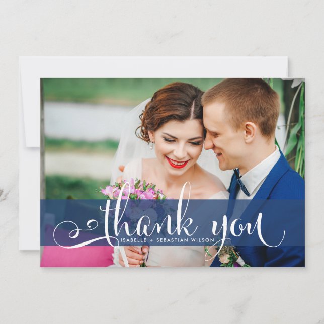 Navy Blue Overlay Script Hochzeitsskript Foto Viel Dankeskarte (Vorderseite)