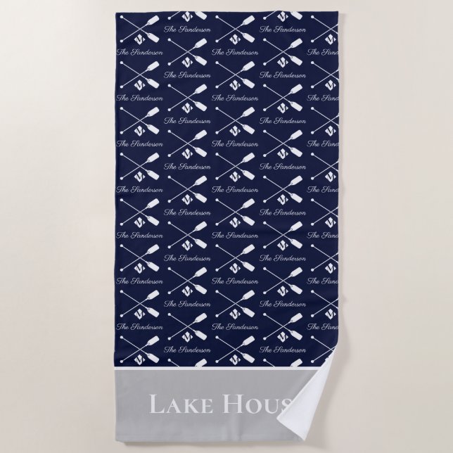 Navy Blue Paddle Monogram Lake House Nautic Strandtuch (Vorderseite)