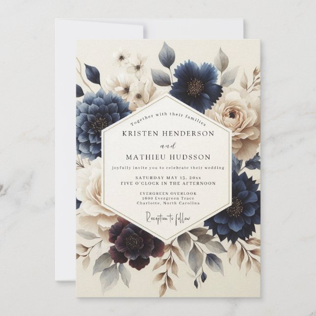 Navy Blue Painterly Bloom Wedding Einladung (Vorderseite)