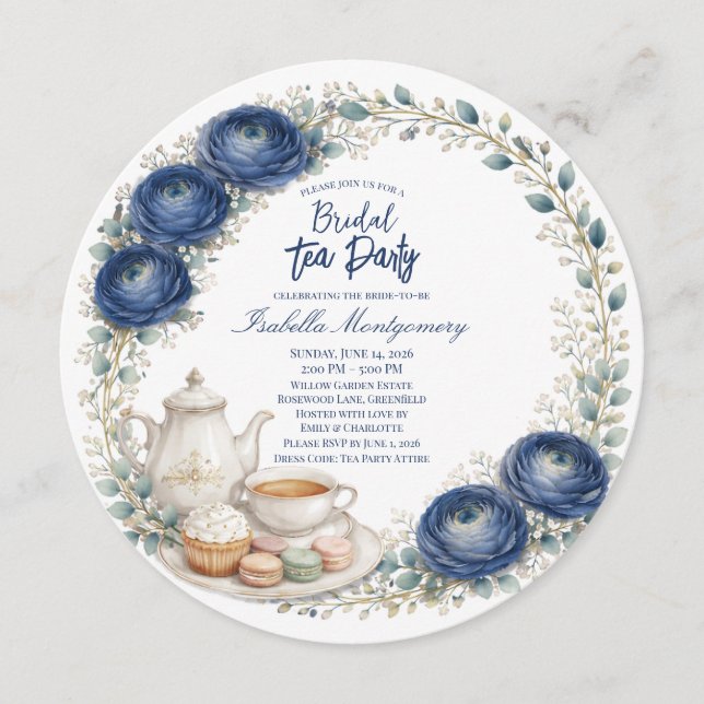 Navy Blue Palette Tea Party Bridal Shower Einladung (Vorderseite)