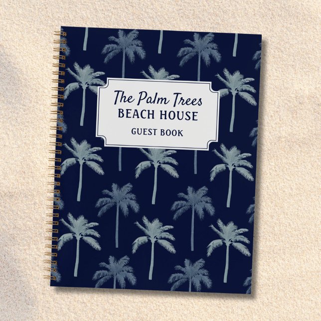 Navy Blue Palm Trees Beach House Gästebuch Notizbuch (In situ)