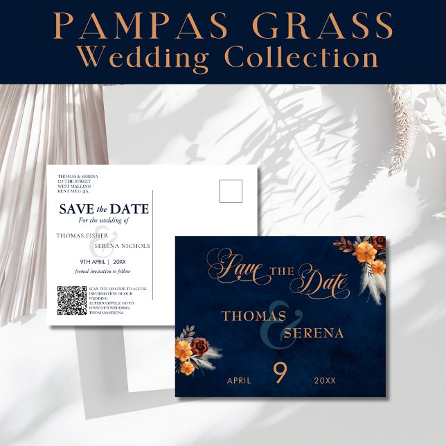 Navy Blue Pampas Grass Wedding rettet das Datum Postkarte (Von Creator hochgeladen)