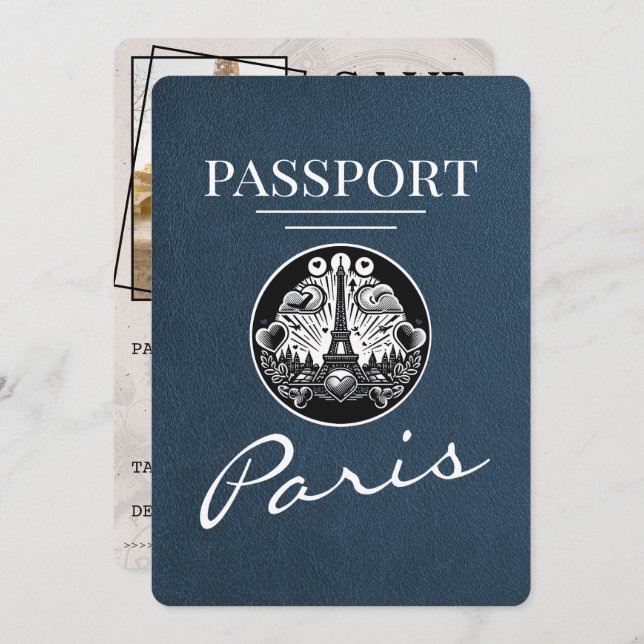 Navy Blue Paris Passport Save the Date (Vorne/Hinten)