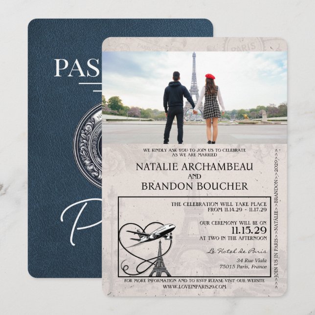 Navy Blue Paris Passport Wedding Einladung (Vorne/Hinten)