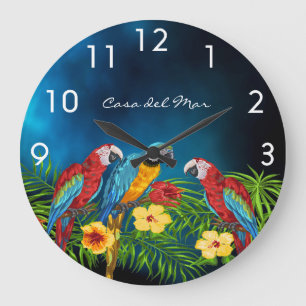 Navy blue parrots birds summer house name große wanduhr