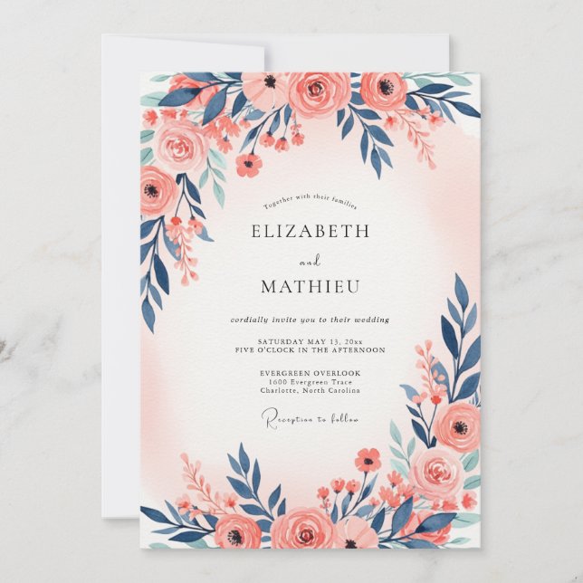 Navy Blue Peach Ethereal Spring Wedding Einladung (Vorderseite)