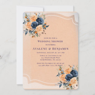 Navy Blue Peach Painted Floral Polterabend Einladung