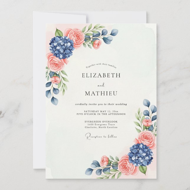 Navy Blue Peach Sublime Botanical Wedding Einladung (Vorderseite)
