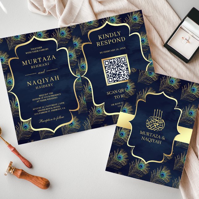 Navy Blue Peacock Feathers QR Code Muslim Wedding Einladung (Von Creator hochgeladen)
