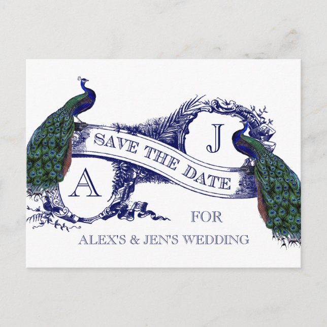 Navy Blue Peacock Save the Date Ankündigungspostkarte (Vorderseite)