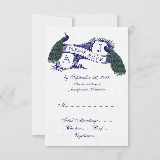 Navy Blue Peacock Wedding RSVP Karte (Vorderseite)