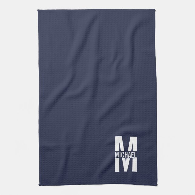 Navy Blue Personalisiert Bold Monogram und Name Geschirrtuch (Vertikal)