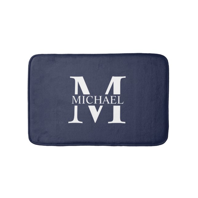 Navy Blue Personalisiert Monogram und Name Badematte (Vorderseite)