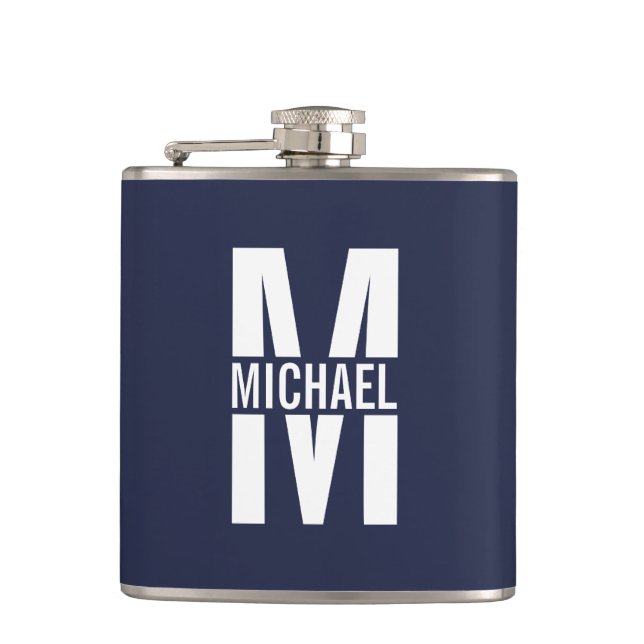 Navy Blue Personalisiert Monogram und Name Flachmann (Vorderseite)