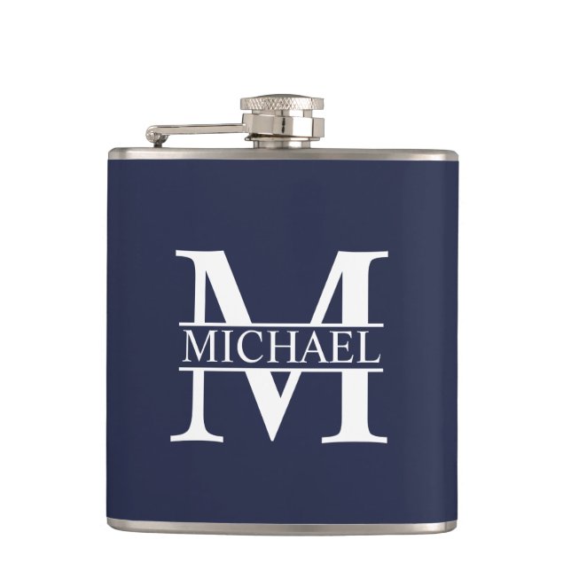 Navy Blue Personalisiert Monogram und Name Flachmann (Vorderseite)