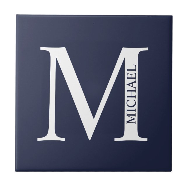 Navy Blue Personalisiert Monogram und Name Fliese (Vorderseite)