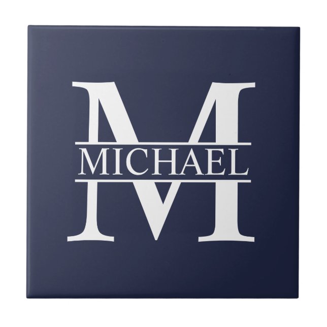 Navy Blue Personalisiert Monogram und Name Fliese (Vorderseite)