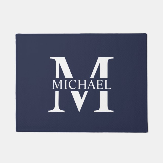 Navy Blue Personalisiert Monogram und Name Fußmatte (Vorderseite)