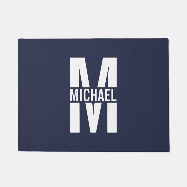 Navy Blue Personalisiert Monogram und Name Fußmatte (Vorderseite)