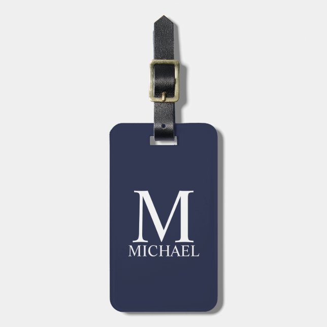 Navy Blue Personalisiert Monogram und Name Gepäckanhänger (Vorderseite vertikal)