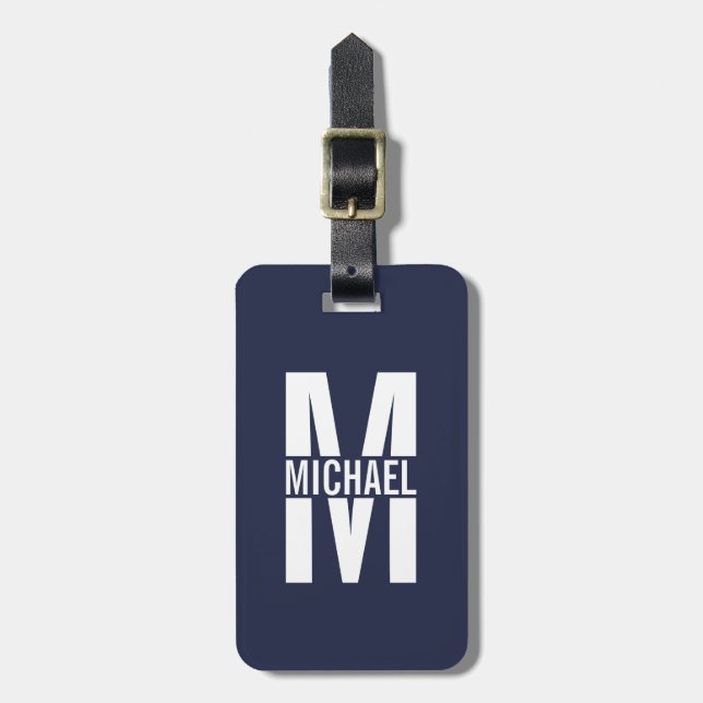 Navy Blue Personalisiert Monogram und Name Gepäckanhänger (Vorderseite vertikal)