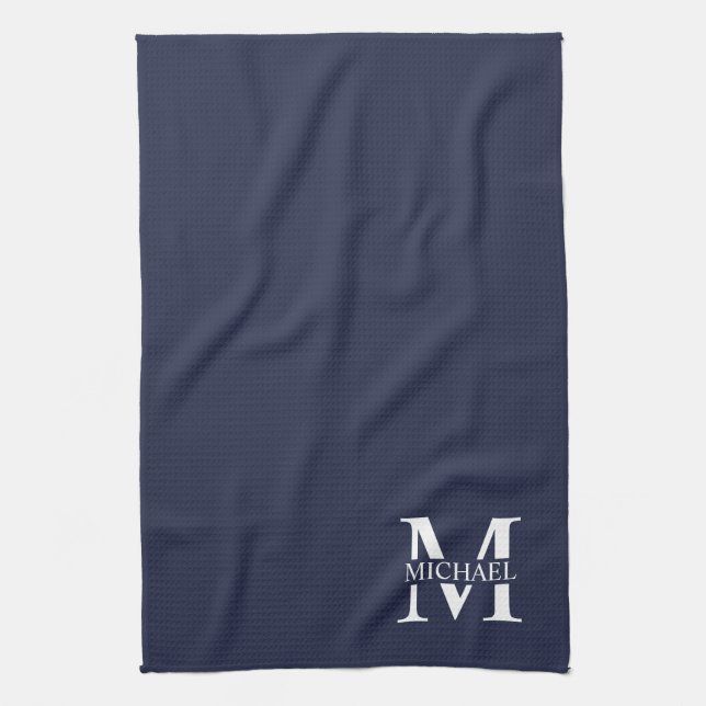 Navy Blue Personalisiert Monogram und Name Geschirrtuch (Vertikal)