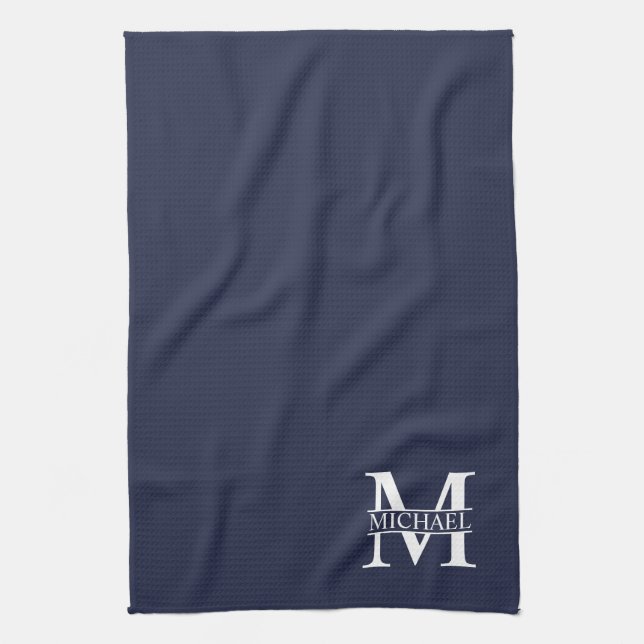 Navy Blue Personalisiert Monogram und Name Geschirrtuch (Vertikal)