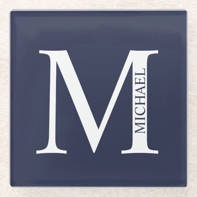 Navy Blue Personalisiert Monogram und Name Glasuntersetzer (Vorderseite)