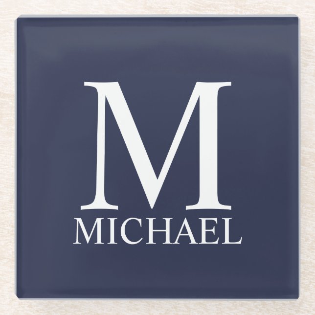 Navy Blue Personalisiert Monogram und Name Glasuntersetzer (Vorderseite)
