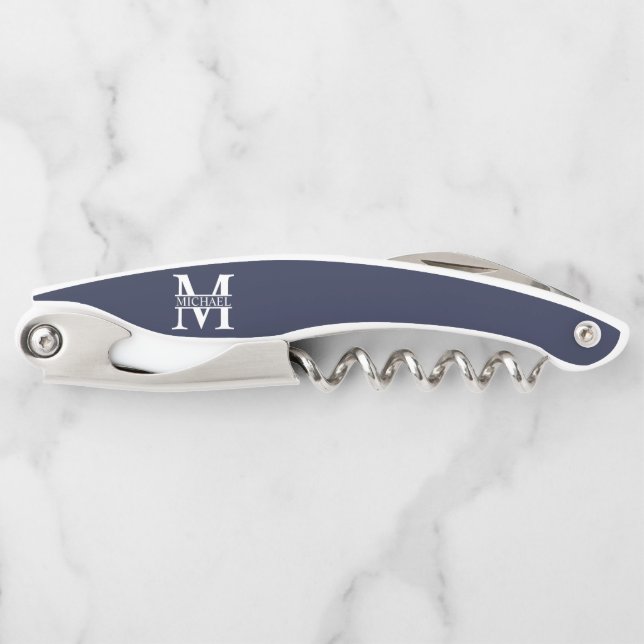 Navy Blue Personalisiert Monogram und Name Kellnermesser (Vorderseite)