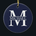 Navy Blue Personalisiert Monogram und Name Keramik Ornament<br><div class="desc">Personalisierte Monogramm- und Namensgeschenke mit personalisiertem,  weißem Monogramm im klassischen Serif-Schriftart-Stil mit einem Namenskasten in der Mitte des Monogramms auf marinebasischem Hintergrund.</div>