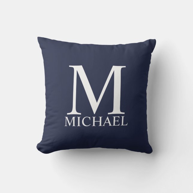 Navy Blue Personalisiert Monogram und Name Kissen (Vorderseite)