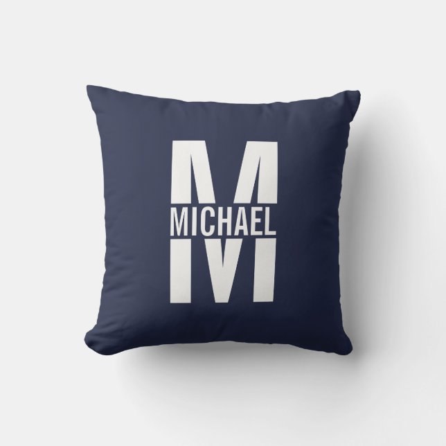 Navy Blue Personalisiert Monogram und Name Kissen (Vorderseite)