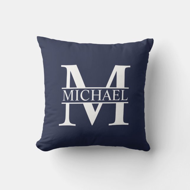 Navy Blue Personalisiert Monogram und Name Kissen (Vorderseite)